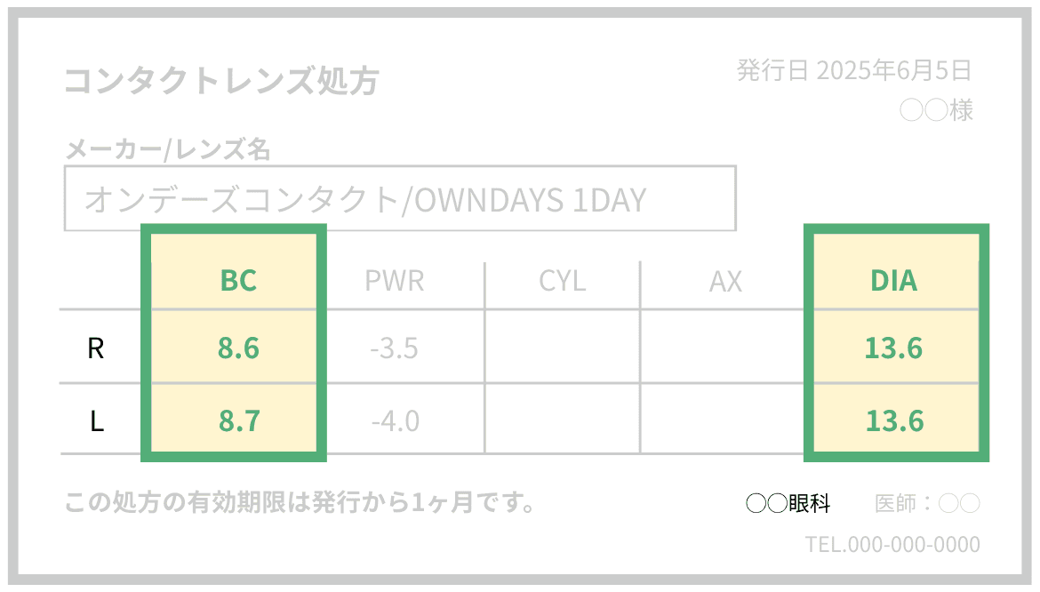 コンタクトレンズの処方指示書上のDIA、BCの記載場所